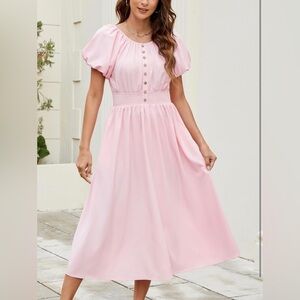 NEW Pink Vintage Look Puff Sleeve Smocked Waist Button Front Pocket Midi Dress M